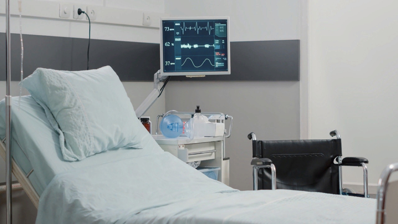 Больничная палата с монитором сердечного ритма и кроватью